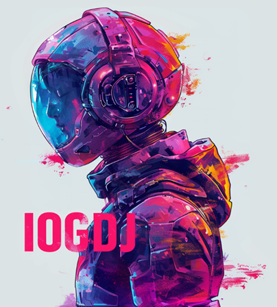 IOG DJ artwork featuring a futuristic figure in vivid pink, blue and orange wearing headphones